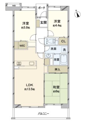 間取り：3LDK / 床面積：73.52m² / バルコニー：9.4m²