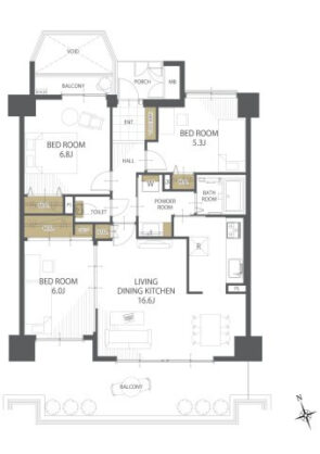 間取り：3LDK / 床面積：76.24m² / バルコニー：14.38m²