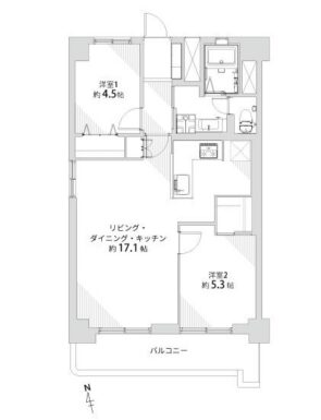 間取り：2LDK / 床面積：61.74m² / バルコニー：9.73m²